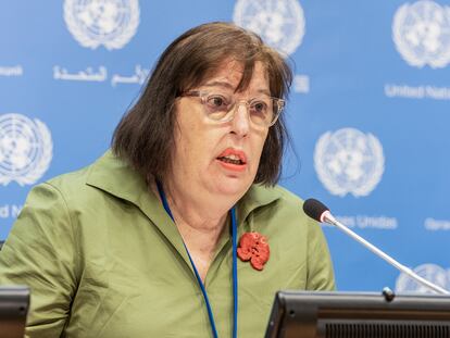 Virginia Gamba, representante de la ONU para la infancia y los conflictos armados, en una rueda de prensa en Nueva York.