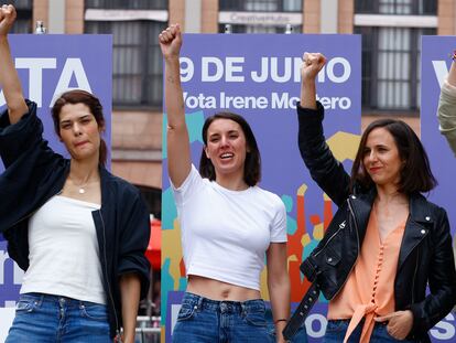 Irene Montero, Ione Belarra e Isa Serra, esta semana en el acto central de Podemos en Barcelona.