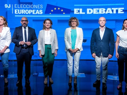 DVD 1216 (03/06/24)  Debate elecciones europeas 9J. De izquierda a derecha, Estrella Galán (Sumar), Jordi Cañas (Ciudadanos), Teresa Ribera (PSOE), Dolors Montserrat (PP), Jorge Buxadé (VOX) e Irene Montero (Podemos)   © Claudio Álvarez