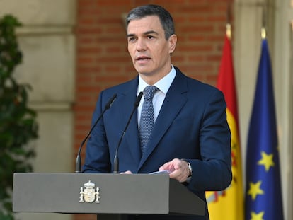 Pedro Sánchez, este martes durante la declaración institucional sobre el reconocimiento del Estado de Palestina.