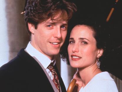 Andie MacDowell and Hugh Grant in a scene in 'Four Weddings and a Funeral.'