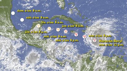 El paso pronosticado del huracán 'Beryl'.