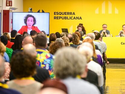 La secretaria general de ERC, Marta Rovira, en conexión telemática en la reunión del Consell Nacional de los republicanos en Barcelona
ERC
15/06/2024