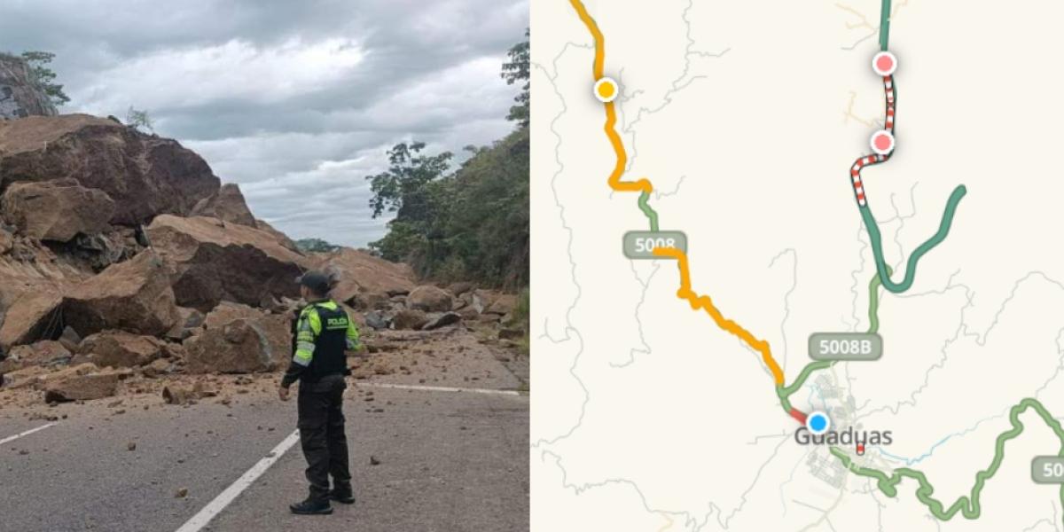 Maquinaria se encuentra tratando de retirar las grandes rocas que cayeron en la vía.