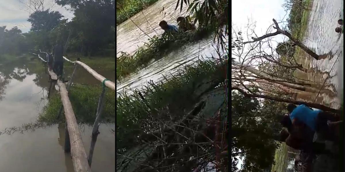 De camino a la escuela, pasando por un improvisado puente, los jóvenes resbalaron y cayeron al río.