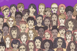 ilustración que muestra diversidad de mujeres sobre un fondo morado.