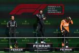 Lewis Hamilton (izq.), George Russell y Oscar Piastri, en el podio del GP de Bélgica 2024