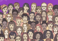 ilustración que muestra diversidad de mujeres sobre un fondo morado.