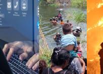 Combo de fotos de tecnología, migración e incendios.