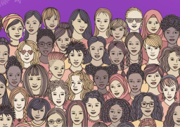 ilustración que muestra diversidad de mujeres sobre un fondo morado.