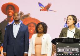 El canciller, Luis Gilberto Murillo; la vicepresidenta, Francia Márquez y la ministra de Ambiente y Desarrollo Sostenible, Susana Muhamad durante la presentación de la agenda oficial de la COP16.