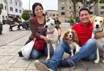 Magaly Periche y Carlos Zelada junto a sus perros Isis (Cocker), Arena (ojos azules) y Ramsés (a la derecha), el protagonista de esta historia.