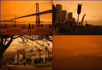 Collage: El cielo de San Francisco se tiñó de naranja por incendios forestales