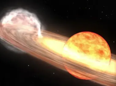 Una estrella gigante roja y una enana blanca orbitan entre sí en esta animación de una nova similar a T Coronae Borealis.