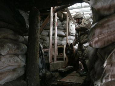 Un militar de las Fuerzas Militares de Ucrania y su perro ingresan a un refugio en primera línea.