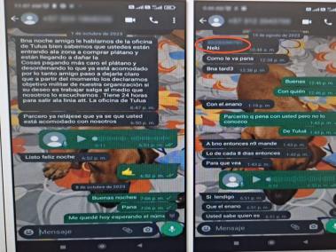 Uno de los mensajes con amenazas enviados por WhatsApp a un comerciante de Tuluá