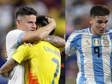 James Rodríguez y Luis Díaz, jugadores de Colombia. Julián Álvarez, de Argentina.