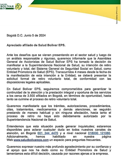 Carta enviada por Salud Bolívar EPS a sus usuarios informándole su interés de salir del sistema como EPS.