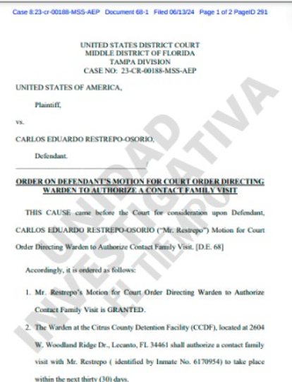 Esta es la orden emitida por la corte de Tampa en el que concede a Carlos Eduardo Restrepo una visita familiar.