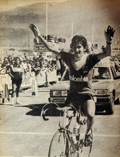 Lucho Herrera, ganador en Alpe d'Huez en el Tour de Francia de 1984.
Foto Archivo Mundo Ciclístico.