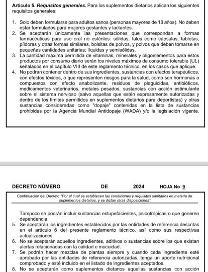 El decreto establece los requisitos generales y referencias para las sustancias permitidas en suplementos dietarios.