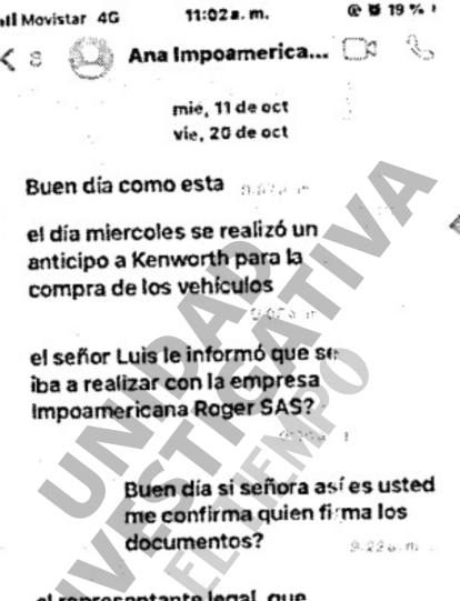 Fragmento de chat de una trabajadora de Impoamericana Roger Sas.