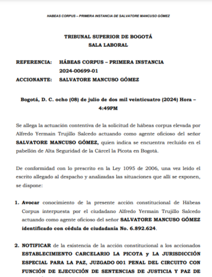 Este es la solicitud de habeas corpus enviada por la el agente oficioso de Mancuso.