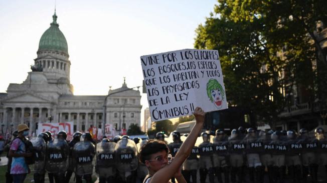 Manifestación contra el "proyecto de ley ómnibus" frente al Congreso, en Argentina.