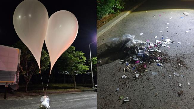 En la imagen de la izquierda, los globos que envió Corea del Norte. En la derecha, la basura que llevaban.