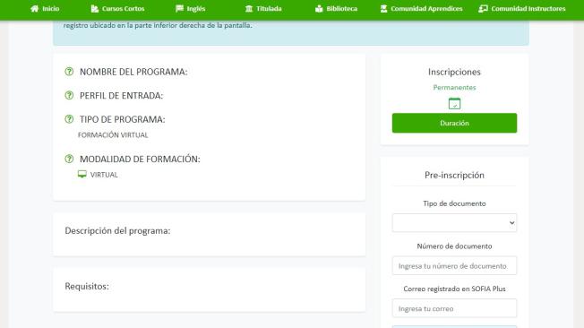 Interfaz de Zajuna para inscribirse a los cursos virtuales del Sena.