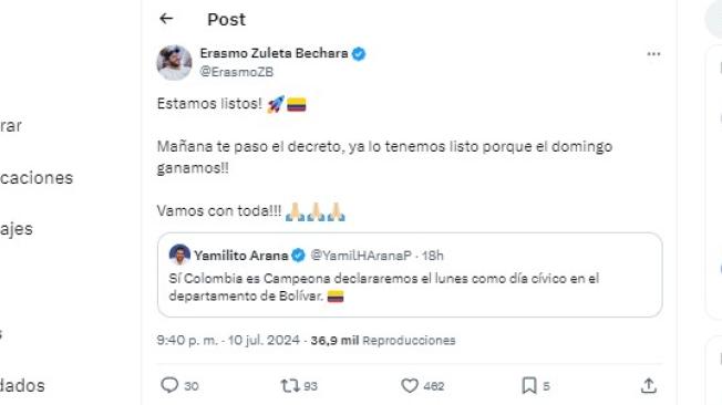 Mensajes del gobernador de Córdoba y Bolívar sobre eventual día cívico si Colombia gana la Copa América.