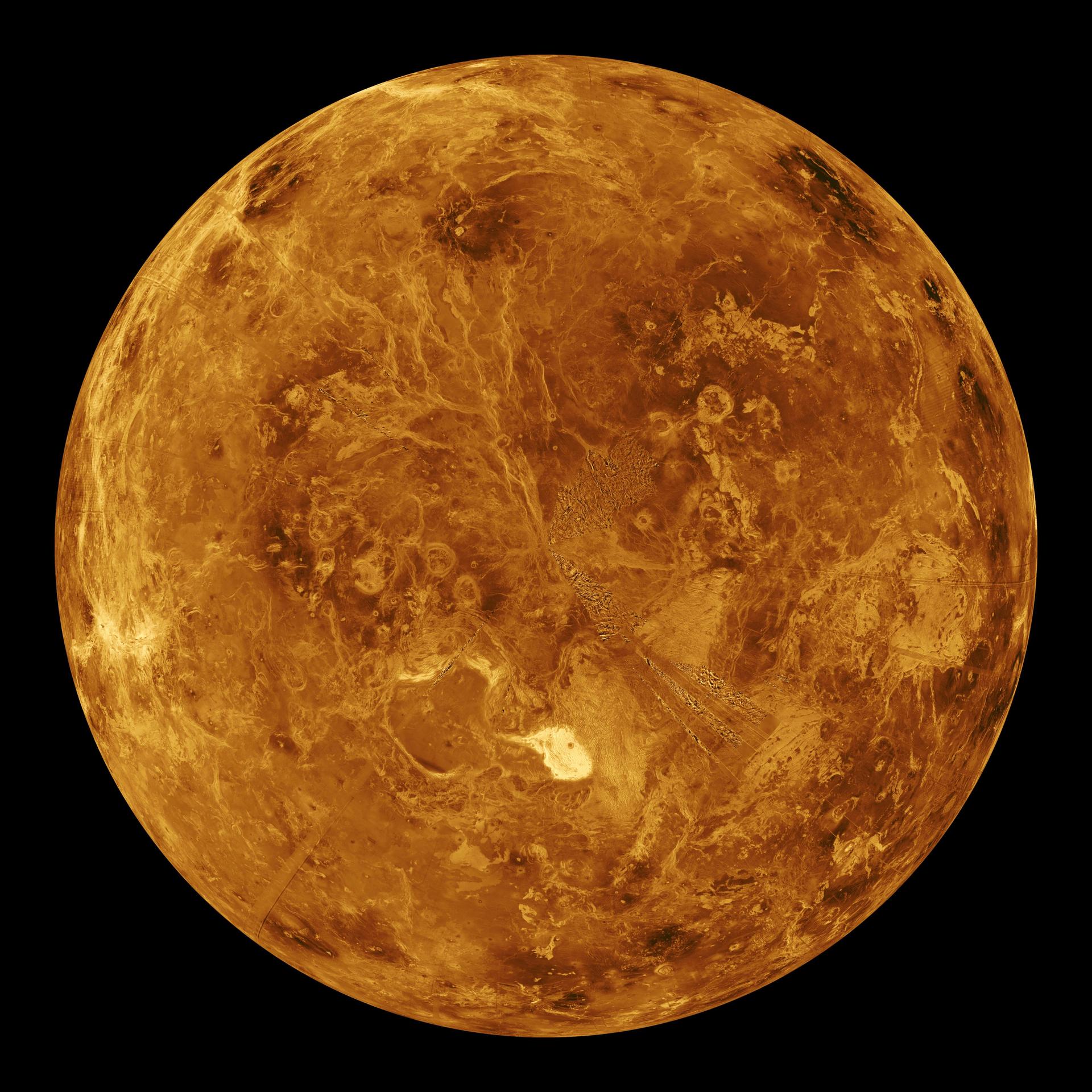 The northern hemisphere is displayed in this global view of the surface of Venus as seen by NASA Magellan spacecraft. 