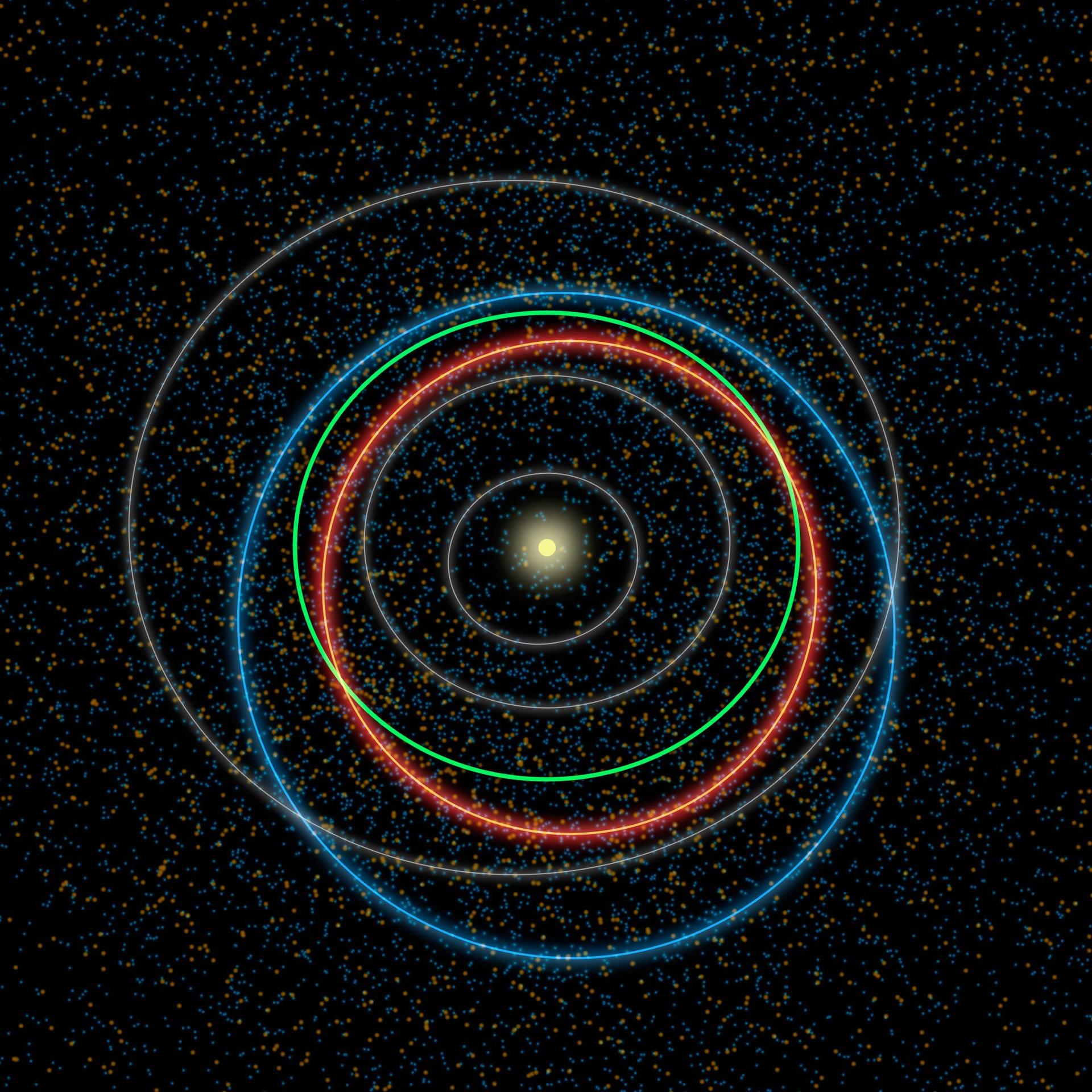 An overhead illustration of our solar system shows the Sun as a bright dot in the center of the black background of space, surrounded by a half-dozen elliptical orbits. A green ellipse represents Earth's orbit. A blue one closely circles around that, while an orange one crosses the green orbit in two places.