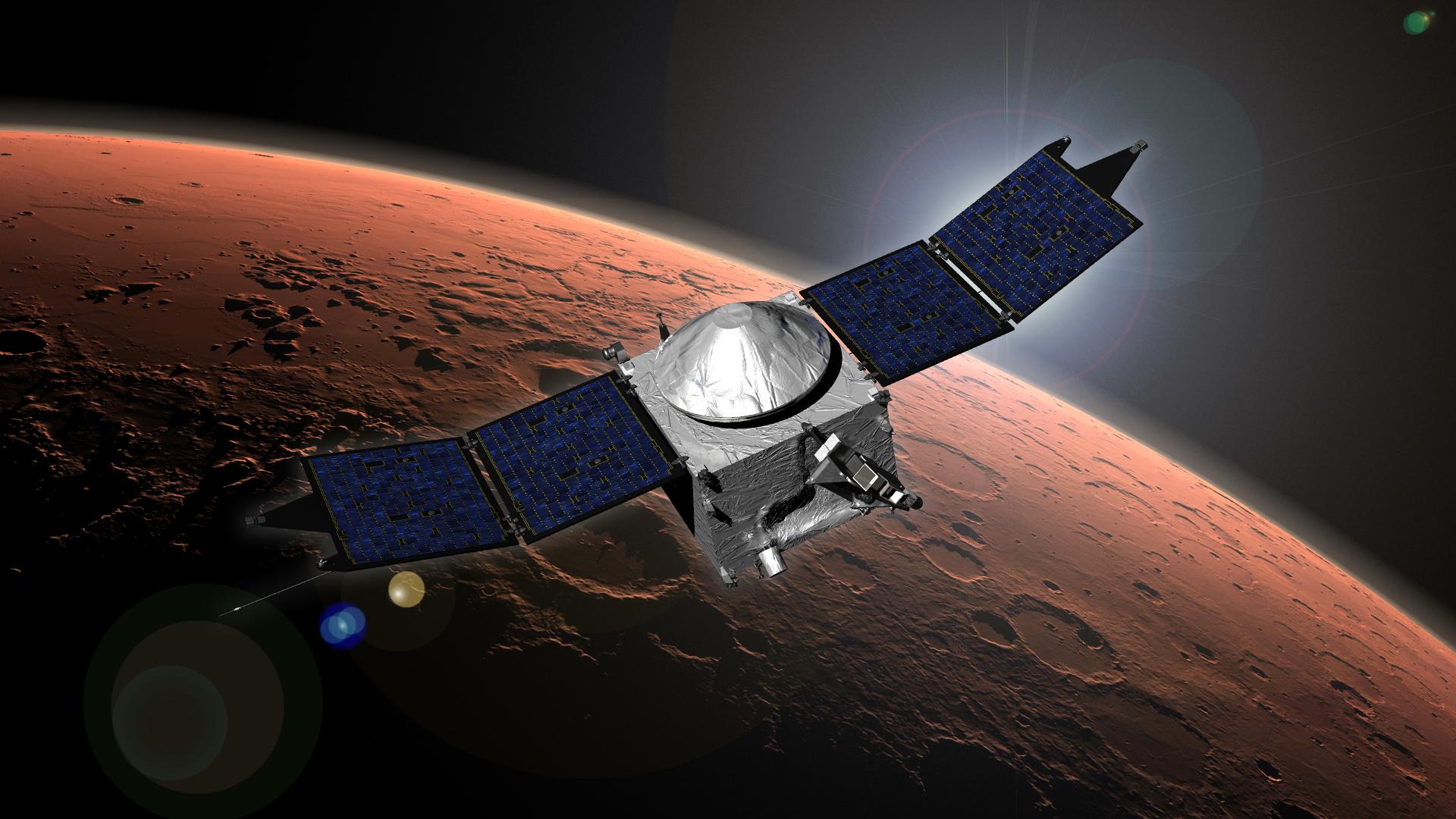 This image shows an artist concept of NASA Mars Atmosphere and Volatile Evolution MAVEN mission.