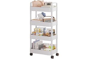 4 Tier Home Storage Trolley Kitchen Storage Organizer Handle Plastic Basket Trolley Rolling Utility Cart Living Room Mobile S