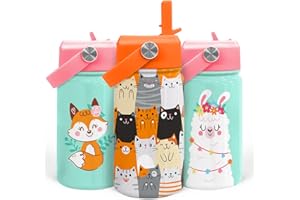 SANDJEST Cat Water Bottle - Kids Water Bottle with Straw Lid - 12 Oz Insulated Stainless Steel Water Bottles for Toddlers Kid