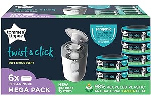 Tommee Tippee Twist and Click Advanced Nappy Bin Refill Cassettes, Sustainably Sourced Antibacterial GREENFILM, Pack of 6