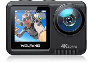 WOLFANG GA420 デュアルスクリーンアクションカメラ 4K 60FPS 24MP タッチスクリーン水中カメラ、EIS 付き 10M ボディ防水/40M 防水ヘルメットバイクカメラ、リモコン、2x1350mAh バッテリー、アクセサリーキット