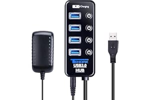 Tendak USB 3.0 Hub with 4 USB 3.0 Data Ports + 1 USB Smart Charging Port and Power Supply Adapter with Individual On/Off Port