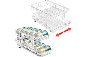 Width Adjustable Rolling Soda Can Organizer for Refrigerator Expandable Beverage Dispenser Clear 2 Layer Automatic Rolling Po