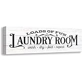 Kas Home Vintage Laundry Room Sign Canvas Wall Art | Rustic Laundry Rules Prints Signs Framed | Bathroom Laundry Room Decor (