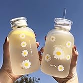 JZSMY 480ml Milk Juice Cute Water Bottle with Scale 2 Lids Little daisy Matte Portable Transparent Water Cup Glass Bottles Cr