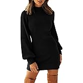 ZESICA Women's 2024 Casual Turtleneck Long Puff Sleeve Soft Fuzzy Knit Bodycon Pullover Mini Sweater Dress