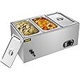 VEVOR 110V 3-Pan Commercial Food Warmer, 1200W Electric Steam Table 15cm/6inch Deep, Professional Stainless Steel Buffet Bain