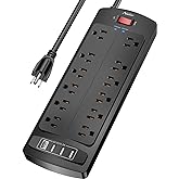 Power Strip Surge Protector - ALESTOR 10 Feet Extension Cord (1875W/15A) with 12 Outlets and 4 USB Ports, 2700 Joules, for Ho