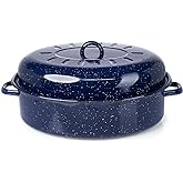 IMUSA USA 18" Traditional Vintage Style Blue Speckled Enamel on Steel Covered Oval Roaster