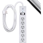 GE 6-Outlet Surge Protector, 20 Ft Extension Cord, Power Strip, 800 Joules, Flat Plug, Twist-to-Close Safety Covers, Protecte