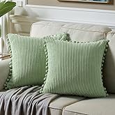 Fancy Homi Pack of 2 Sage Green Decorative Throw Pillow Covers with Pom-poms, Soft Corduroy Solid Square Cushion Cases Set fo