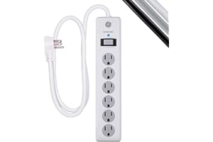 GE 6-Outlet Surge Protector, 4 Ft Extension Cord, Power Strip, 800 Joules, Flat Plug, Twist-to-Close Safety Covers, Protected