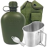 BeGrit Military Canteen Army Canteen WWII US G.I. Style Canteen Kit with Aluminum Cup Stainless Steel Foldable Spoon Fork for